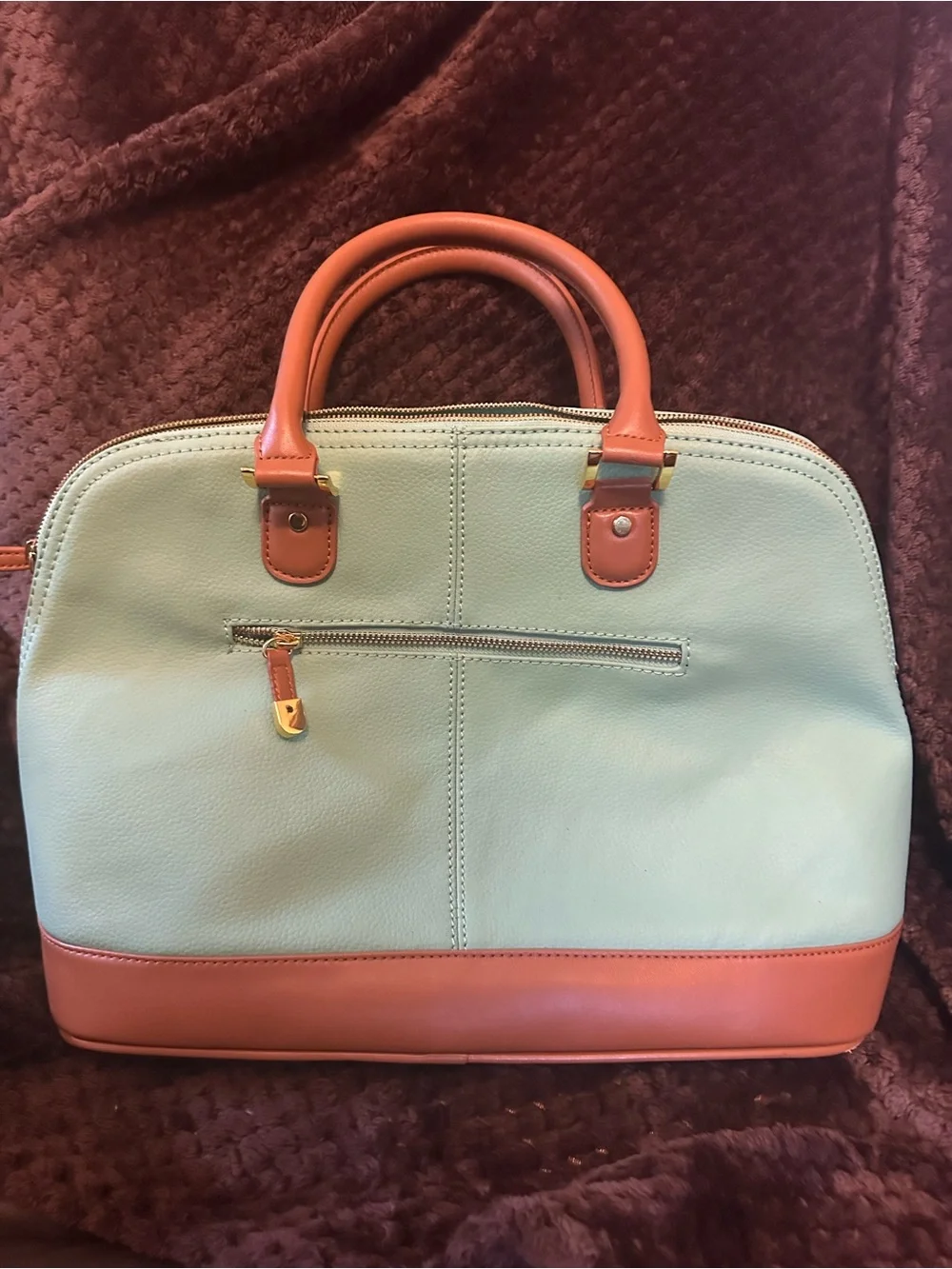 Joy & Iman Mint and Tan Dome Satchel with Gold Chain Accent